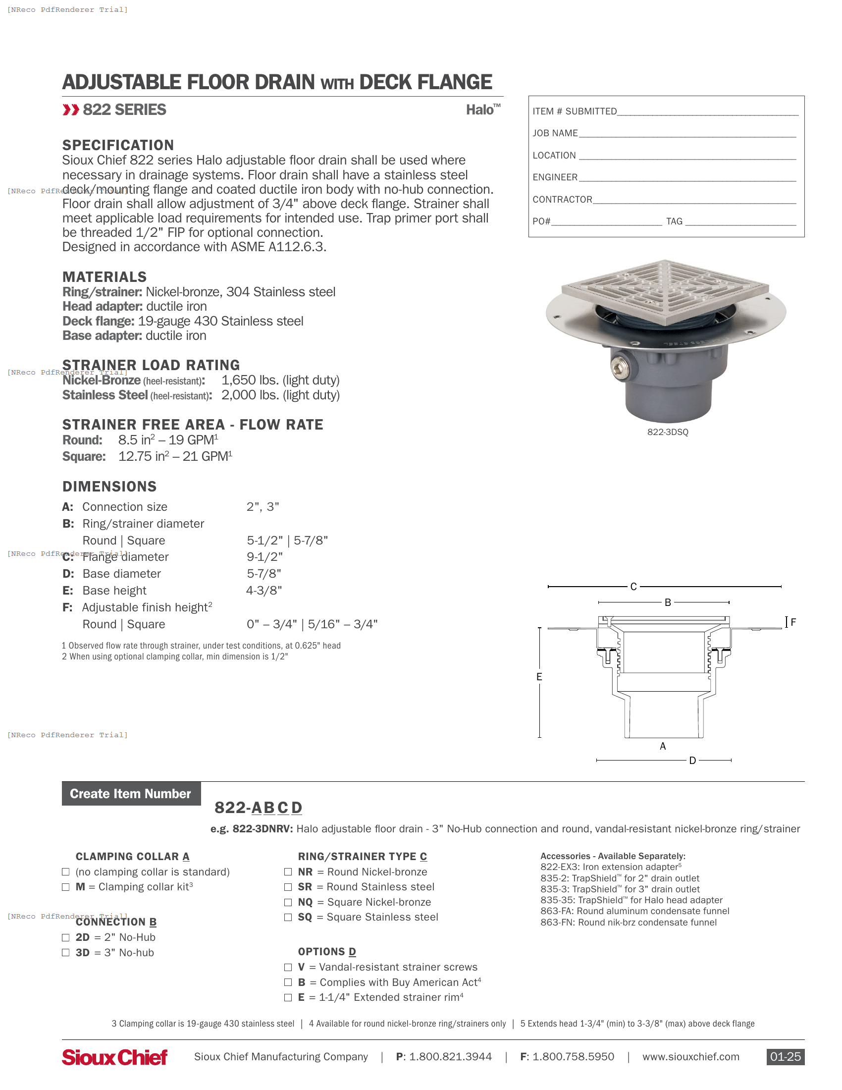 822 SERIES - HALO FLOOR DRAIN NO-HUB - SPEC SHEET.PDF Specification Document